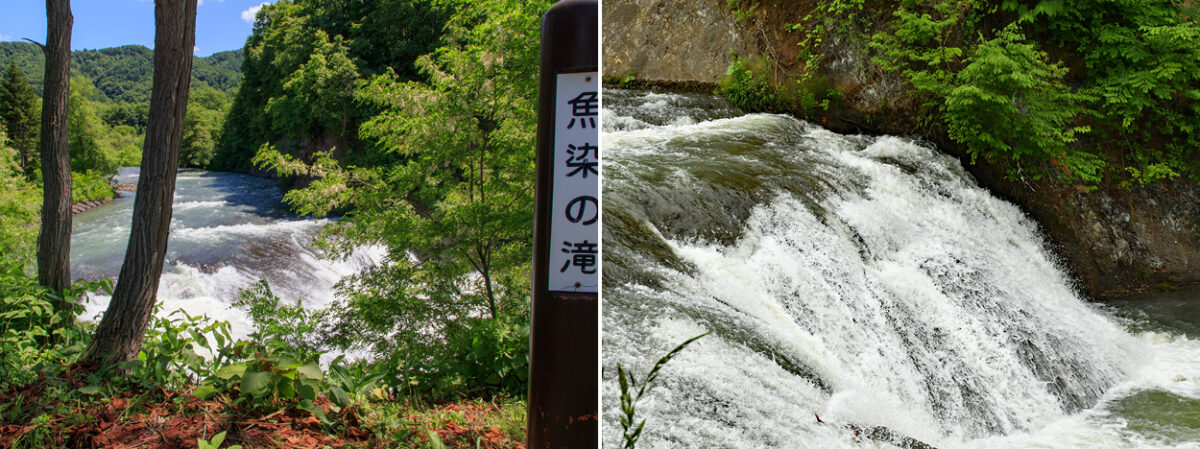 左）魚染めの滝　右）魚染めの滝